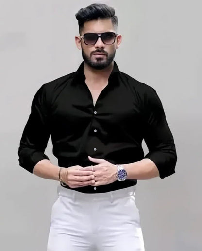 Indoprimo MenS Cotton Shirt With Spread Collar Neck Line Solid Pattern Full Sleeves Regular Fit And Standard Length Black
