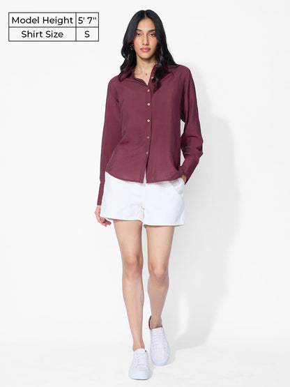 The Souled Store Back Tie Up Shirt: Claret Women and Girls Long Sleeves Collared Neck Button Front Solid Viscose Blend Oversized