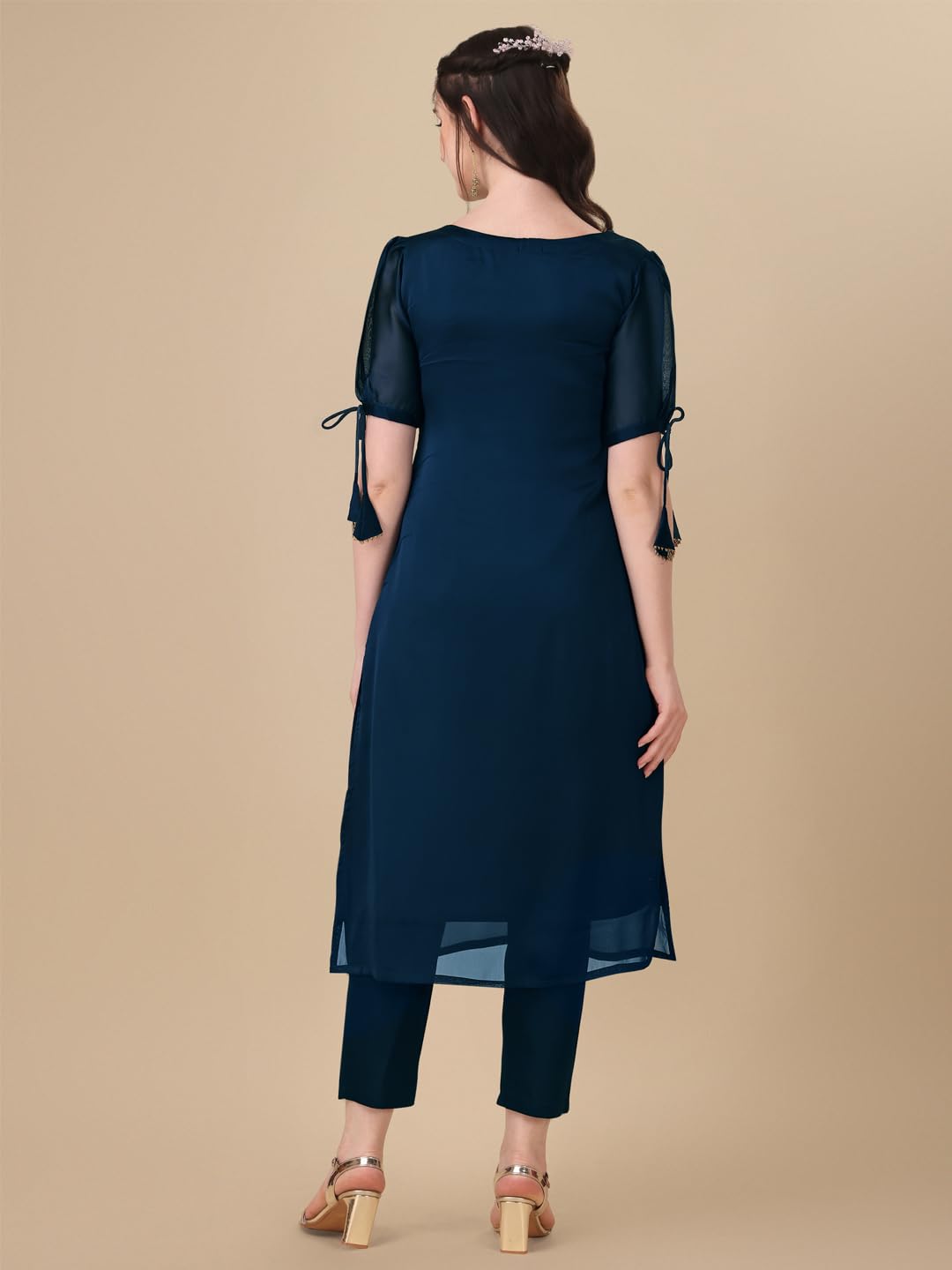 Goroly WomenS Solid Pattern Silk Blend Embroidered Thread Work Straight Kurta With V-Neck Short Puff Sleeve And A-Line Style
