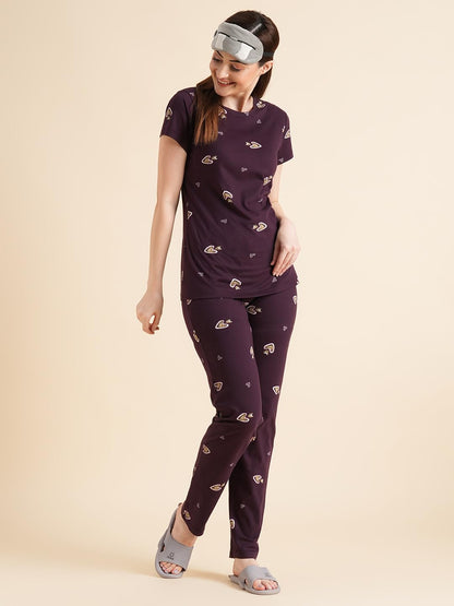 Sweet Dreams Women Printed Pyjama Set Brown