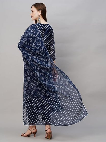 Suppar Sleave Latest Lehriya Bandhni Printed Viscose Rayon Cotton Embroidery Straight Kurta Set With Pants And Dupatta