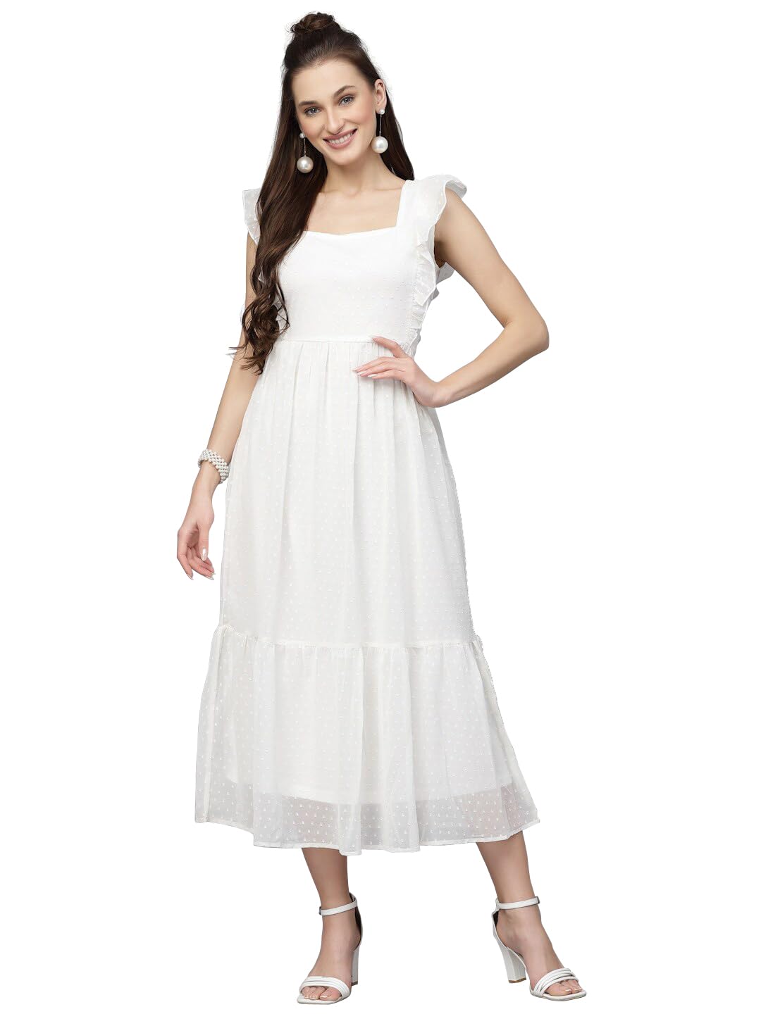 Avanova Georgette Jacquard Butti White Square Neck Knee Length Western Dresses For Women (Dress 89 White Xl)