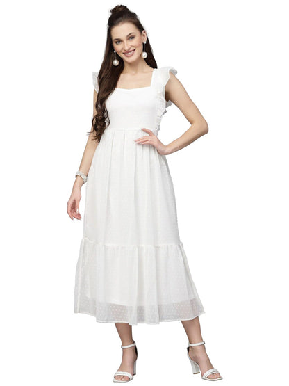 Avanova Georgette Jacquard Butti White Square Neck Knee Length Western Dresses For Women (Dress 89 White Xl)