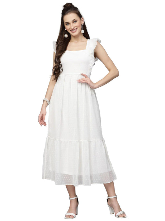 Avanova Georgette Jacquard Butti White Square Neck Knee Length Western Dresses For Women (Dress 89 White Xl)