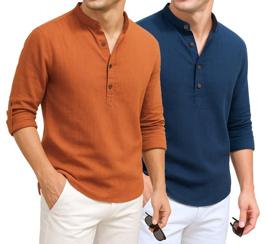 Deelmo Combo Of MenS Cotton Blend Solid Regular Fit Full Sleeve Short Kurta | MenS Trendy Short Kurta Pack Of 2 Orange - Navy
