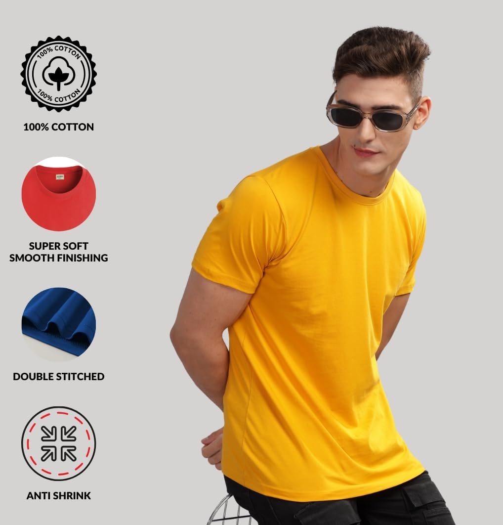 ADRO Men's Solid Regular Fit T-Shirt (RCM3-PLN-PU-MU-PT_Purple,Mustard,Pista