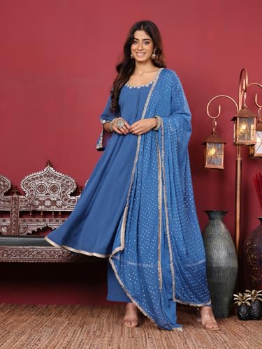 Varanga Round Neck Embroidered Anarkali With Tonal Bottom And Dupatta.