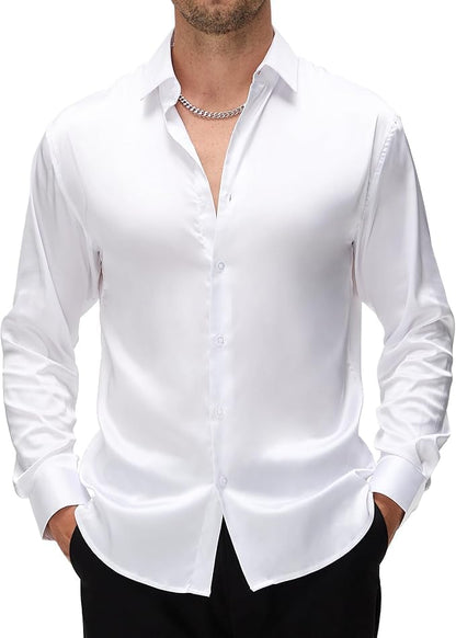 Cb-Colebrook Mens Stylish Solid Silk Satin Casual Dress Shirts For Men Shiny Long Sleeve Button Down Shirt Party Prom Wedding Sh
