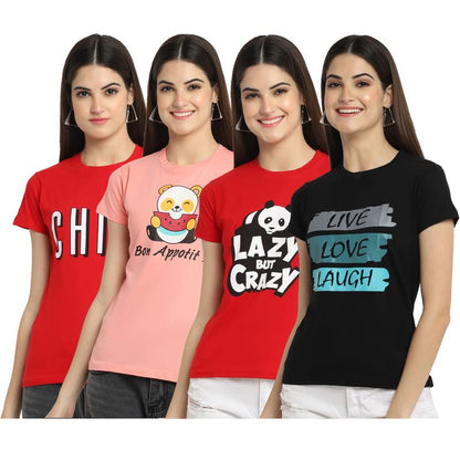 Preneum Womens Cotton Regular Fit Latest Graphic Stylish Printed Short Sleeves Casual T-Shirt || Trendy & Style (Pack 4), Red &