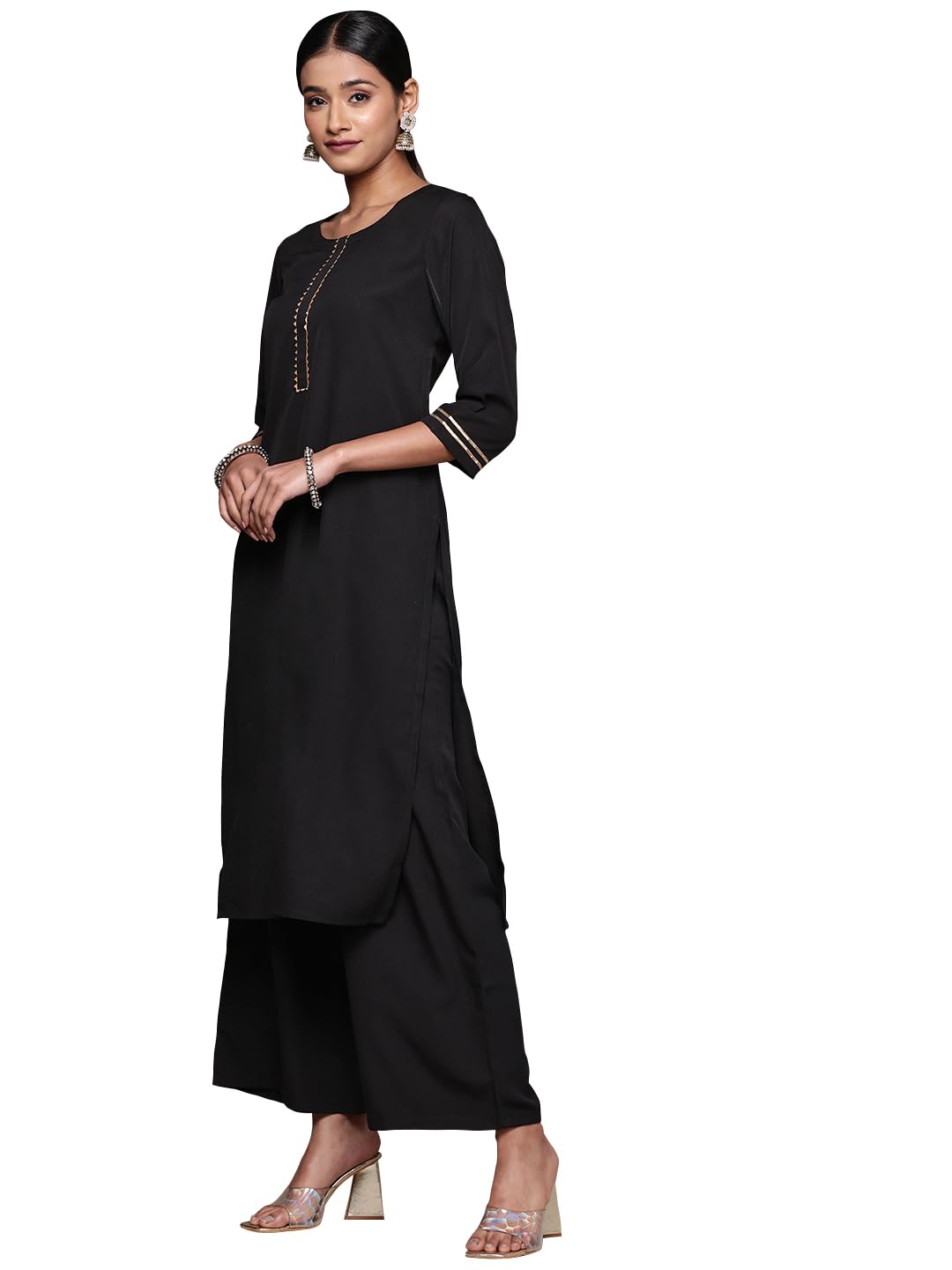 ZIYAA Women's Black Crepe Kurta, Palazzo and Dupatta Set