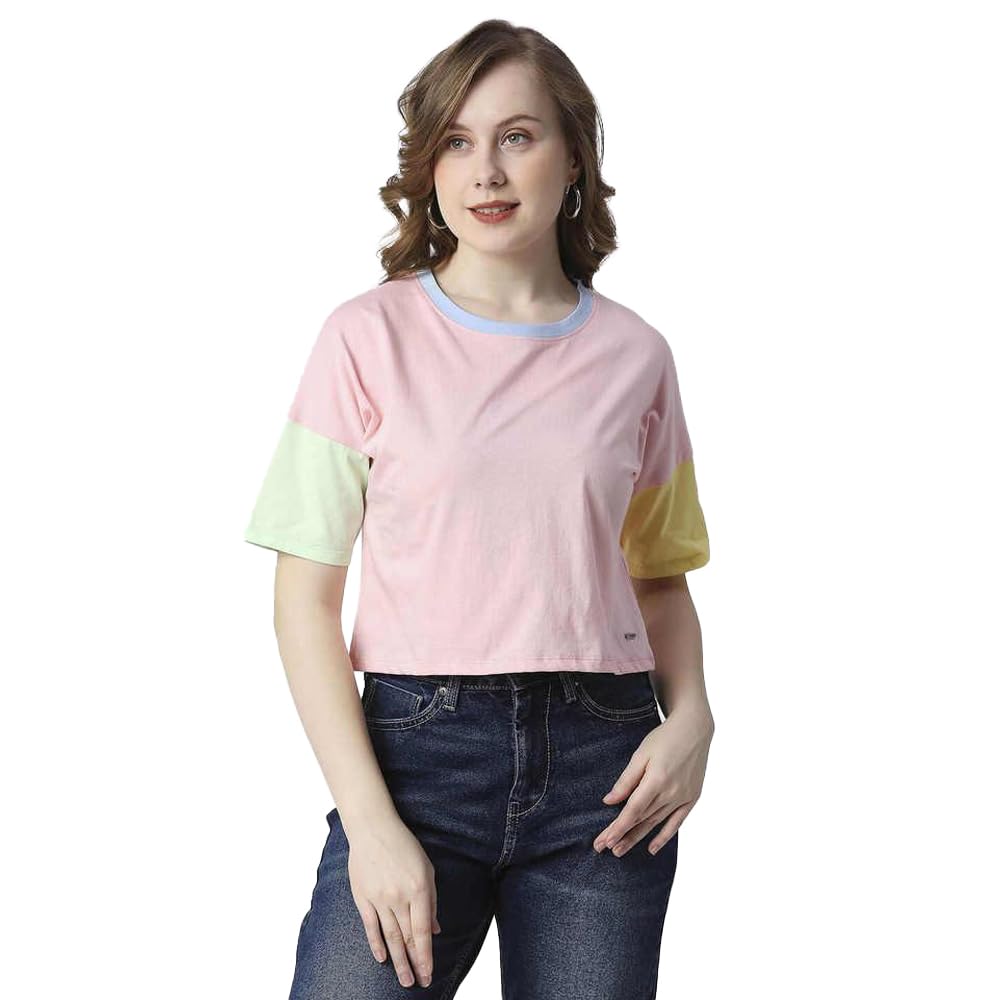 Pepe Jeans Color Block Cotton Round Neck WomenS T-Shirt (Pink, Small)