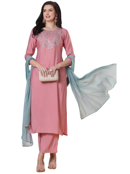 Gosriki WomenS Rayon Viscose Embroidered Straight Kurta With Pant & Dupatta (Meja Pink-Gs_Xl_Pink_X-Large)