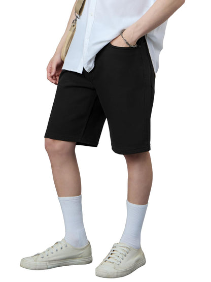 The Souled Store Denim Shorts: Sleek Black Men and Boys Buttoned Knee Length Solid Regular Fit Cotton Denim Shorts
