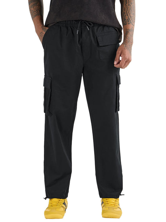 Bewakoof Mens Mid Rise Solid Straight Fit Cotton Spandex Cargo Casual Pants_628742_Black_32
