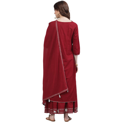 ishin Women's Pure Cotton Embroidered Gotta Patti Maroon Ethnic Motifs Print A-Line Kurta suit set With Dupatta & Sharara