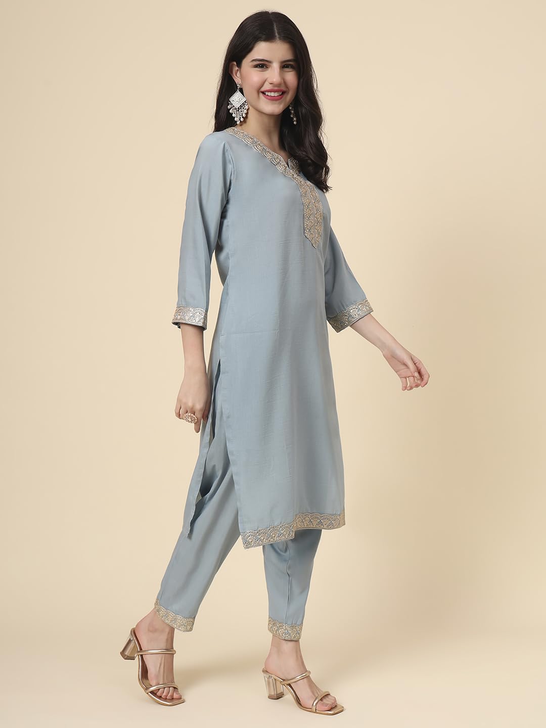 Ekasya WomenS Silk Embroidered Cornflower Blue Straight Cut Calf Length Round Neck Kurta Pant With Dupatta Set (E1742)