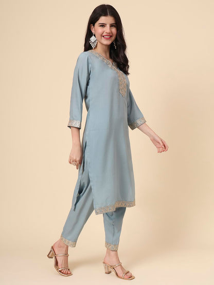Ekasya WomenS Silk Embroidered Cornflower Blue Straight Cut Calf Length Round Neck Kurta Pant With Dupatta Set (E1742)