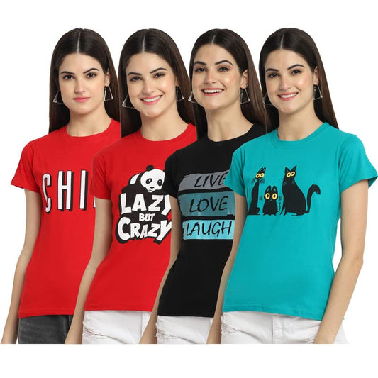 Preneum Womens Cotton Regular Fit Latest Graphic Stylish Printed Short Sleeves Casual T-Shirt || Trendy & Style (Pack 4), Red &