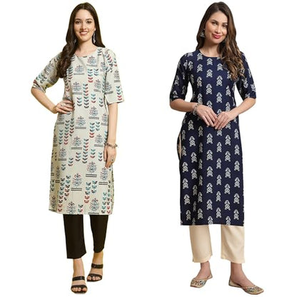 Pinkmint Printed Round Neck Kurta Set for Women ll Kurti & Pant Set for Women ll Regular Fit Kurta Set (Pack of 2) Red-Black