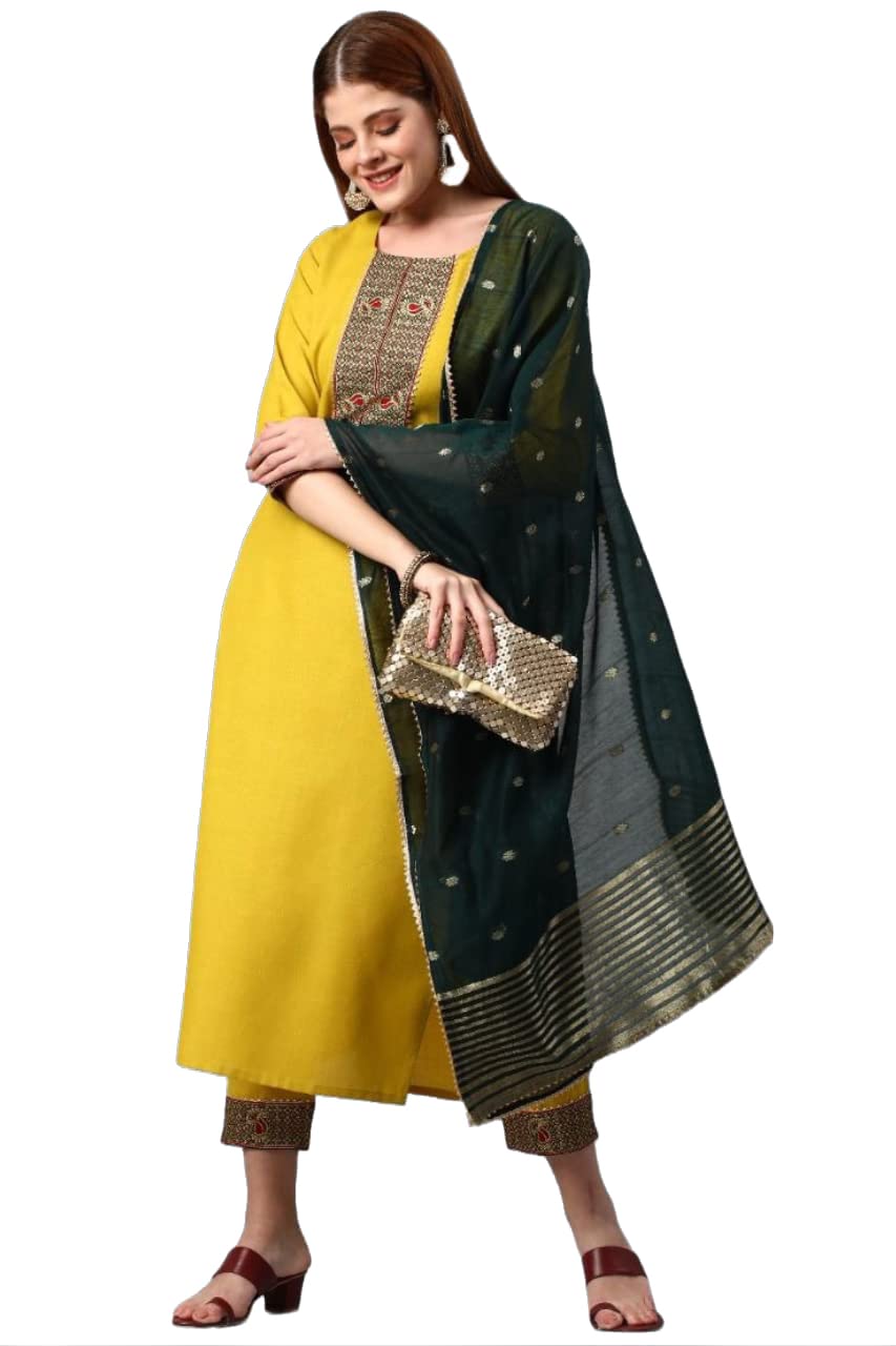 Gosriki WomenS Cotton Blend Solid Kurta And Pant With Dupatta Set (Start-Mustred-Gs_M_Mustard_Medium)