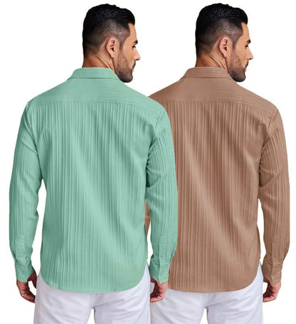 Deelmo Combo Of MenS Casual Button Down Shirts Long Sleeve Linen Shirt Fashion Textured Summer Shirts Pack Of 2