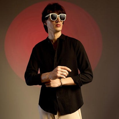 Campus Sutra Mens Midnight Black Embossed Micro Check Shirt for Casual Wear | Spread Collar | Long Sleeve | Button Closure | Sh
