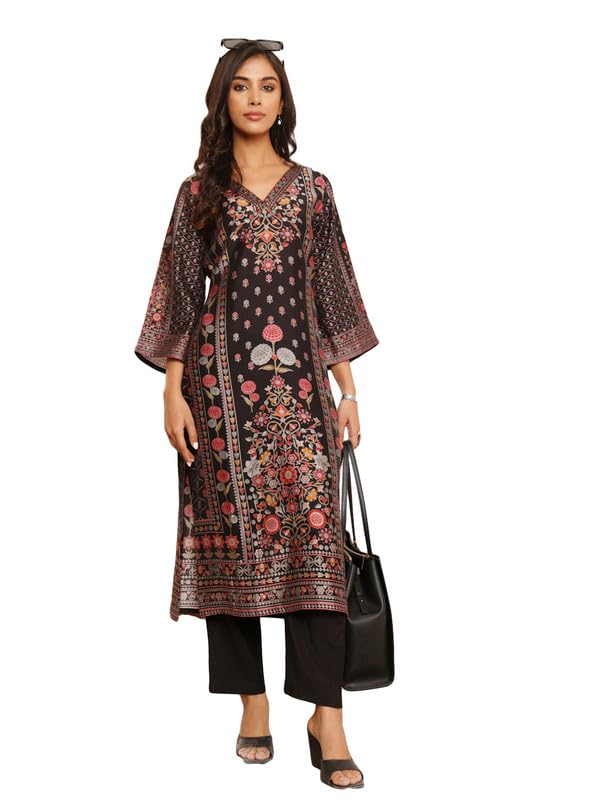 Varanga Women Black Floral Printed Kurta With Solid Trouser  Comfortable Cotton Set For Casual Outings, Versatile Design For All