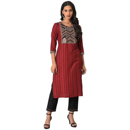 W for Woman Viscose Women Stripe Regular Kurta with Embellished Yoke