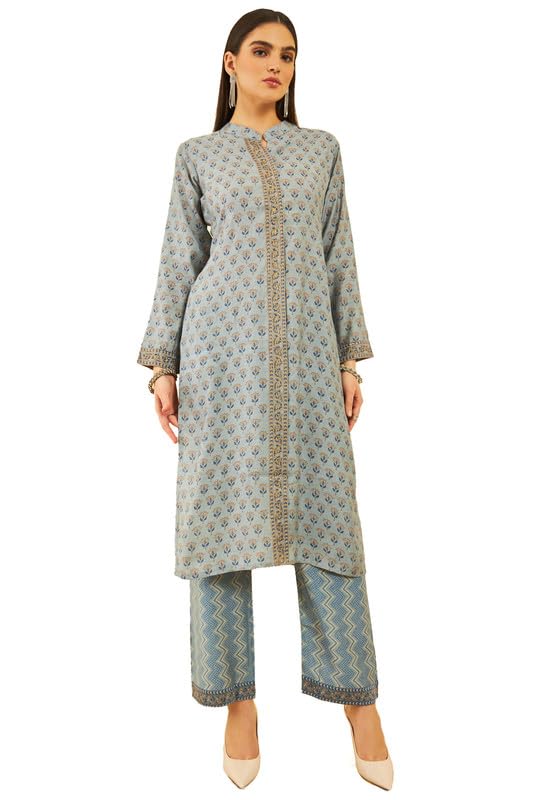 Soch Womens Blue Muslin Floral Printed Kurta Set With Zari Detailed