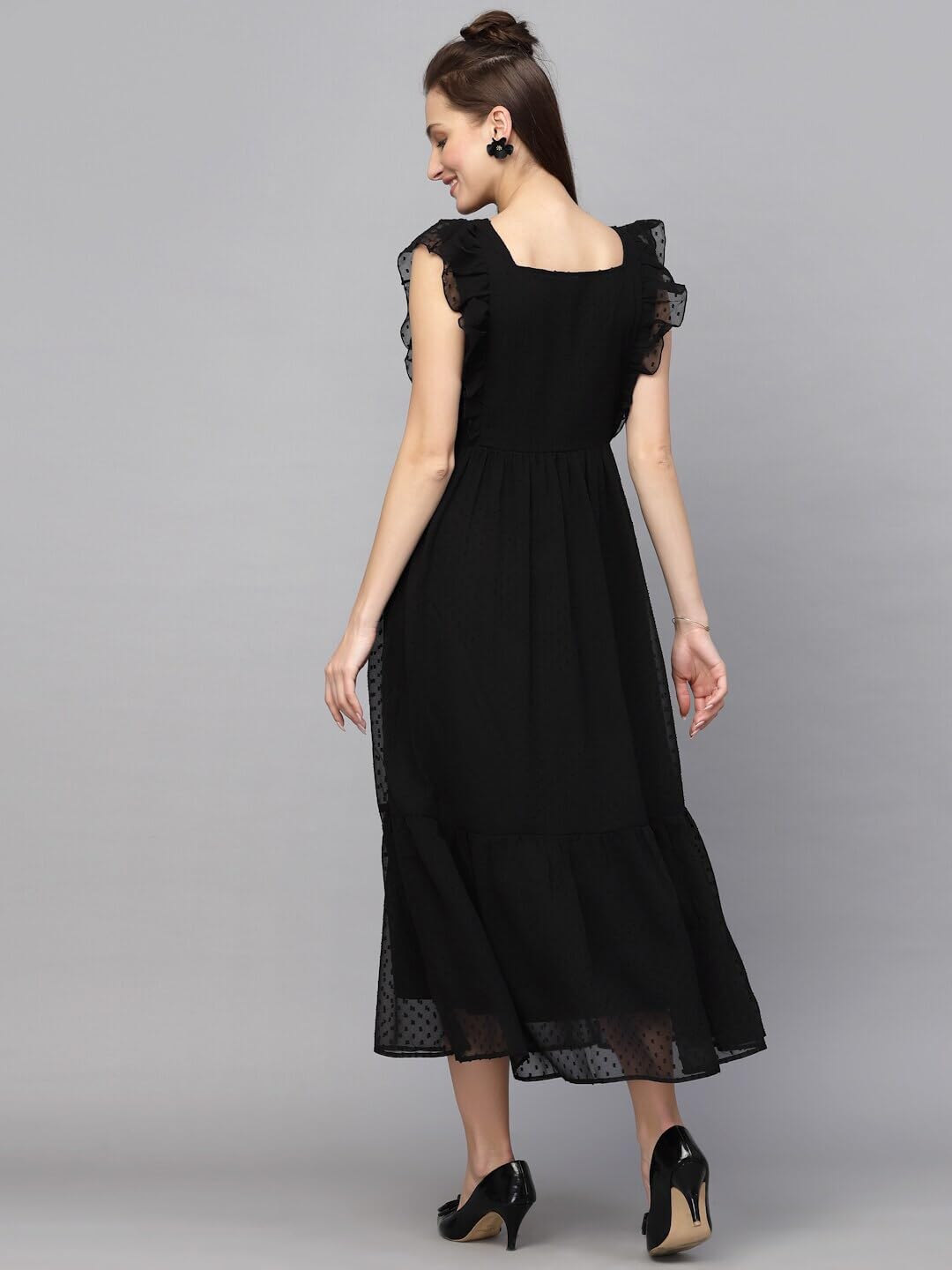 Avanova Georgette Jacquard Butti Black Square Neck Knee Length Western Dresses For Women