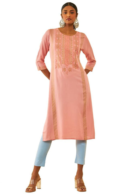 Soch Womens Peach Rayon Ethnic Motifs Printed Straight Kurta with Beads