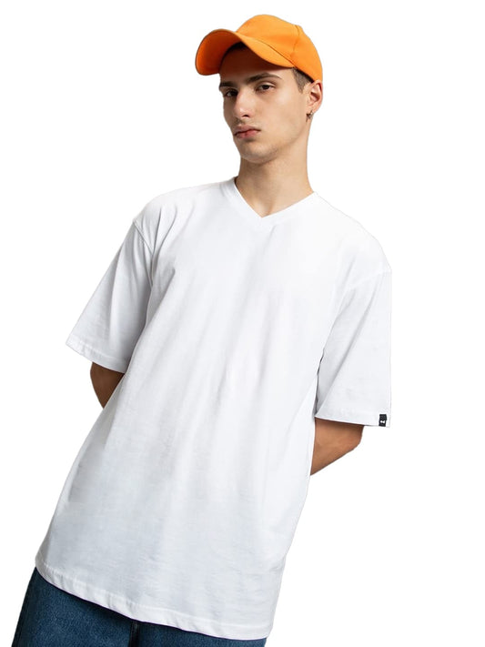 Bewakoof Mens Solid 100% Cotton T-Shirt Oversized Fit, V-Neck, Half Sleeve_580063_White_L
