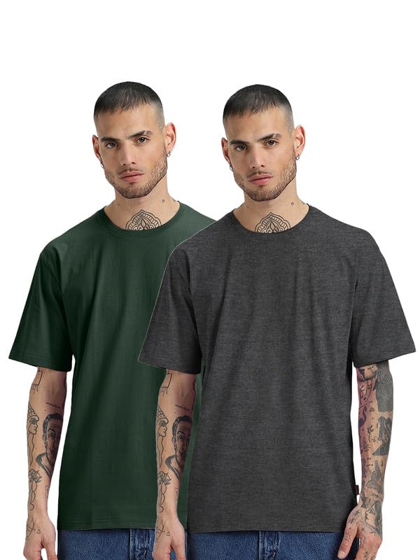 Veirdo Mens Oversized Baggy Fit Drop Shoulder Short Sleeve Round Neck Solid Cotton T-Shirt