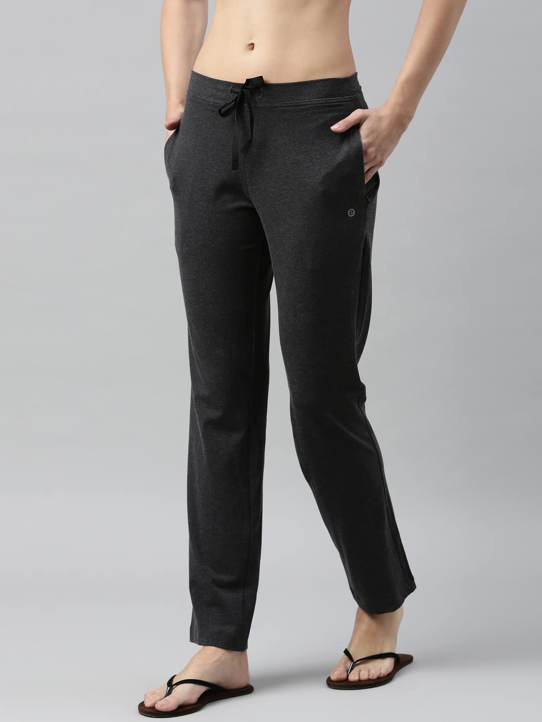 Enamor Essentials Womens Mid Rise Slim Fit Straight Leg Breathable Stretch Cotton Lounge Pants with Drawstring and Invisible Zip
