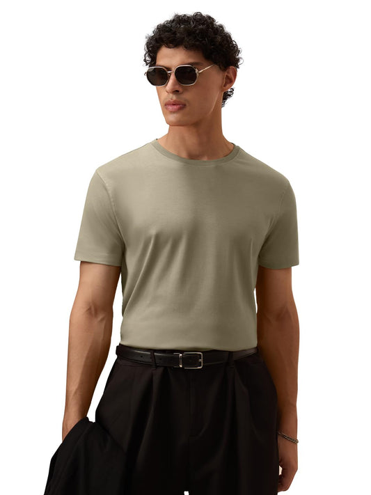 The Souled Store Solid Stone Brown Men & Boys Short Sleeve Round Crew Neck Solid Regular Fit Supima Cotton T-Shirts