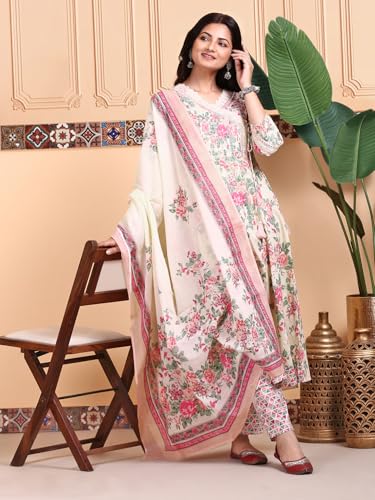 Ishin Floral Printed V-Neck Pure Cotton Kurta With Trousers & Dupatta | Kurta Set For Women | Kurta With Trousers And Dupatta