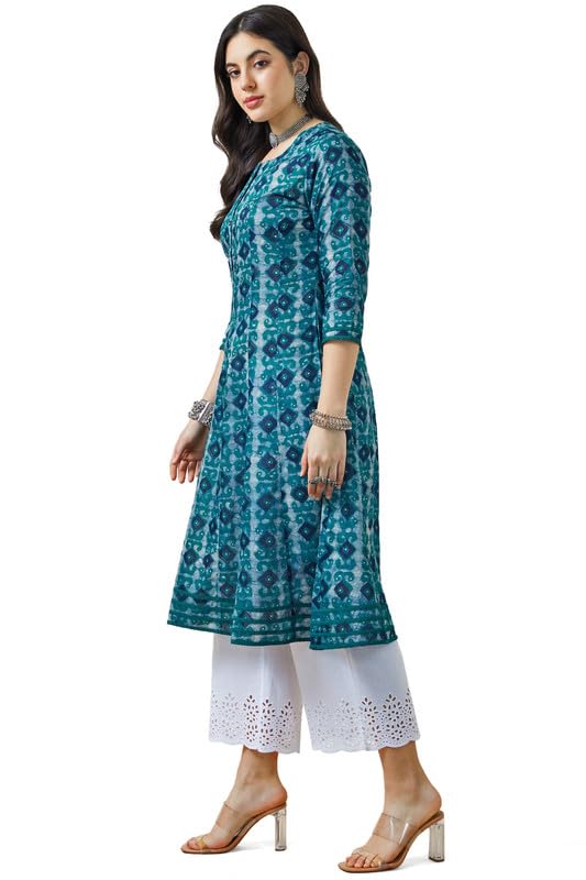 Soch Womens Teal Ajrak Print Cotton Slub Panelled Kurta