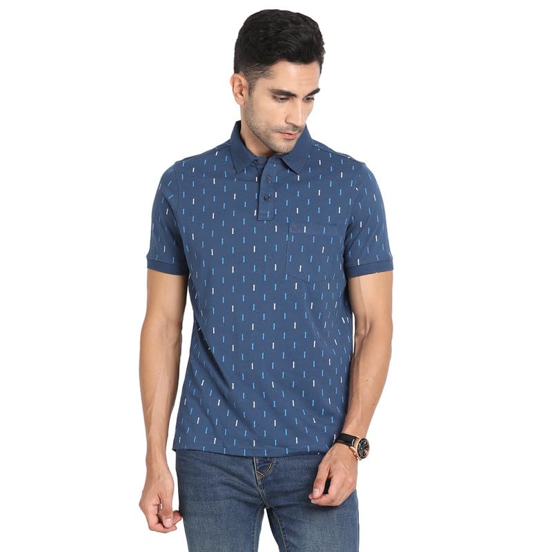 Turtle Men Knitted Blue Printed Polo Neck Half Sleeve Casual T-Shirt