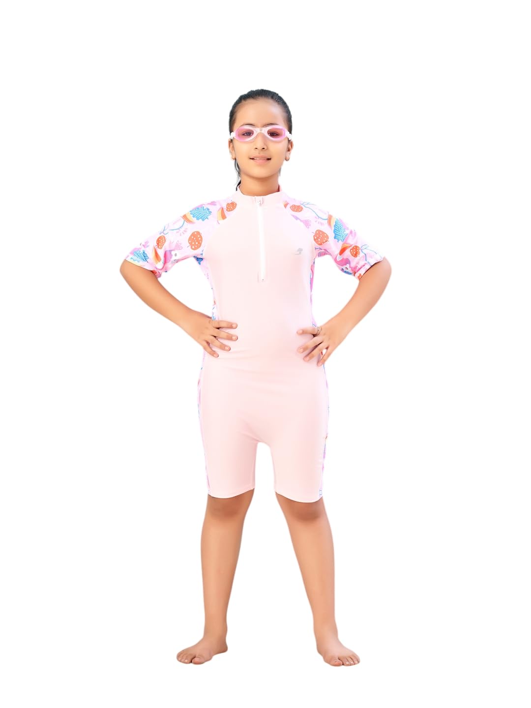 Aarika Girls Sports Wear Pink Colour Floral Print Nylon Swim Suit (4-15 Years)-(SW-SHM-AB-617)