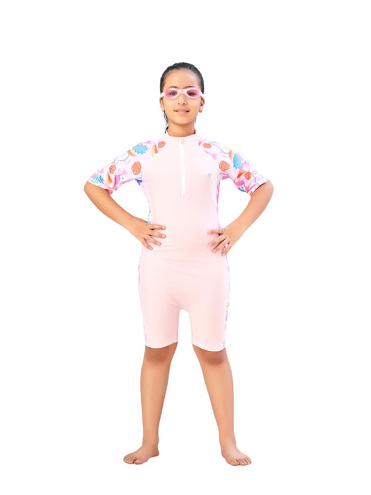 Aarika Girls Sports Wear Pink Colour Floral Print Nylon Swim Suit (4-15 Years)-(SW-SHM-AB-617)