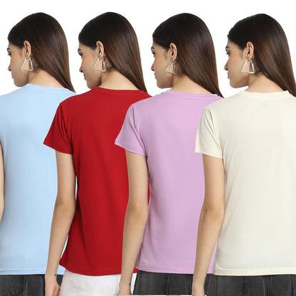 Preneum Womens Cotton Regular Fit Latest Graphic Stylish Printed Short Sleeves Casual T-Shirt || Trendy (Pack 4), Blue & Red &