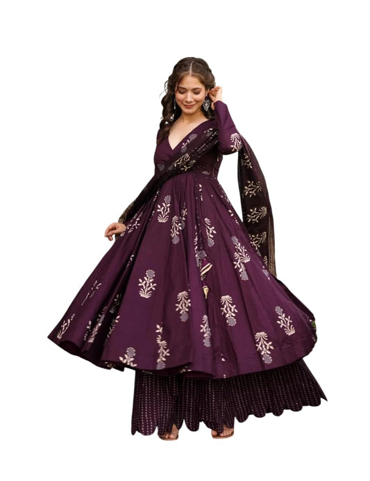 Wedani Rayon Anarkali Dress with Plazzo Pant for Women Wine
