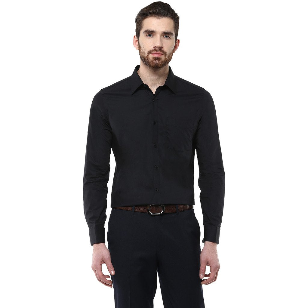 Turtle Men 100% Cotton Black Solid Slim Fit Formal Shirt