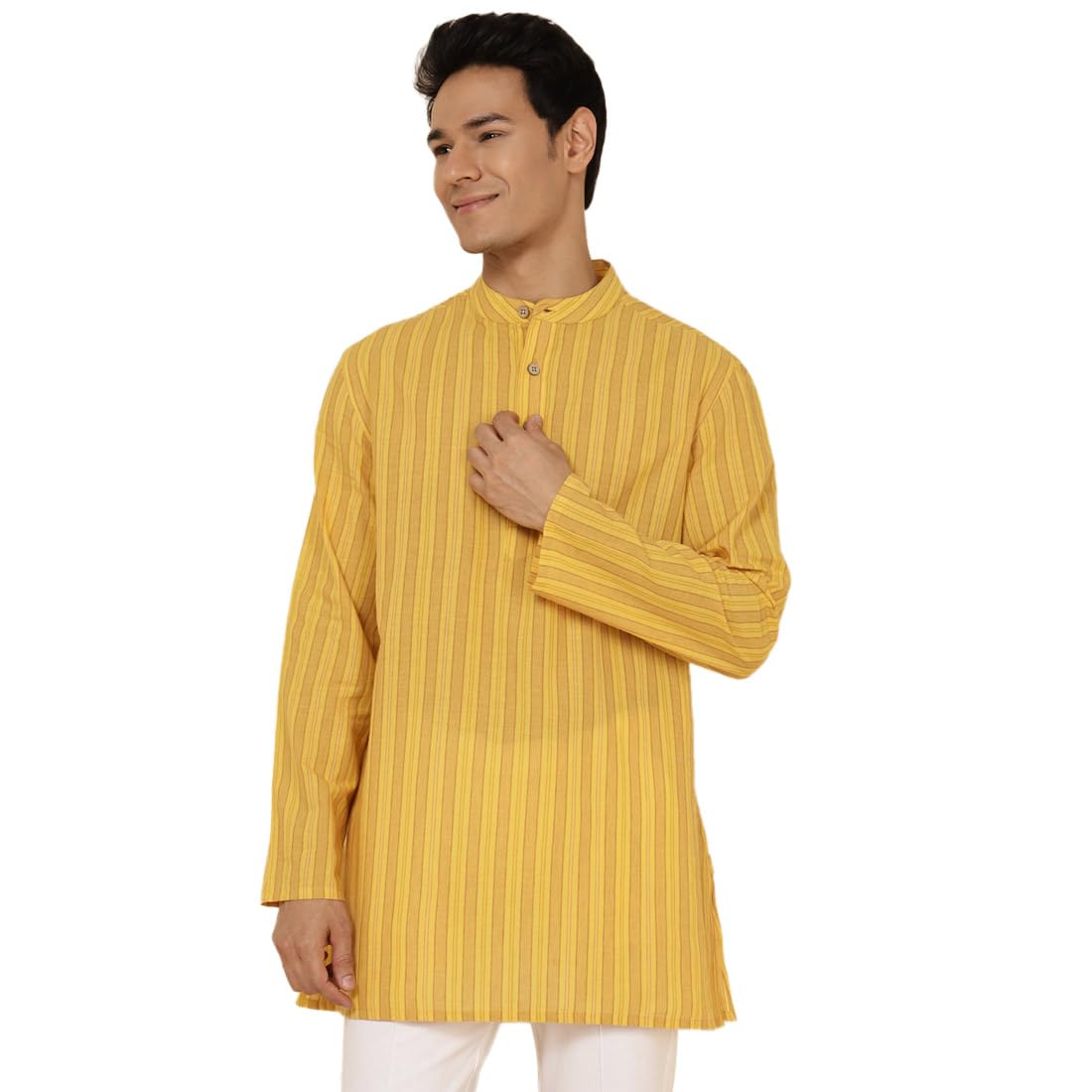 Fabindia MenS Cotton Striped Regular Fit Kurta (1030839Yellow_Yellow