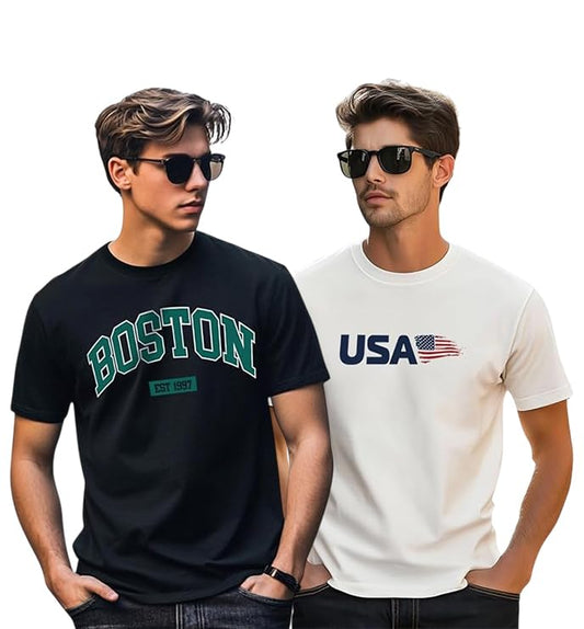 Veirdo Mens 100% Cotton Regular Fit Front Printed Short Sleeve T-Shirt Combo