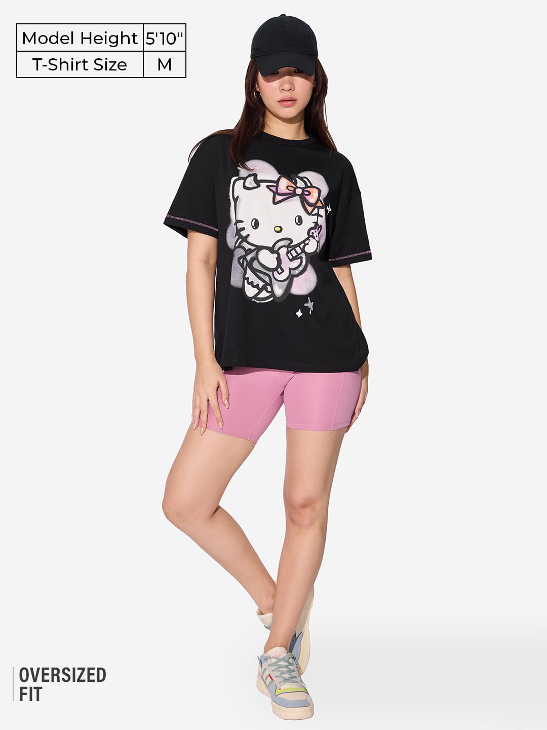 The Souled Store Official Hello Kitty: Rockstar Women and Girls Short Sleeves Round Neck Black Graphic Printed Cotton Oversized