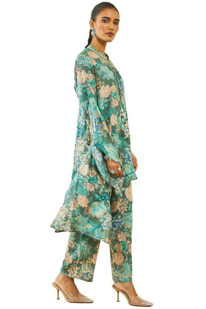 Soch Womens Teal Muslin Floral Print Co-Ord Set With Tasselled Neck Tie-Up