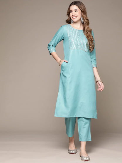 Anubhutee WomenS Cotton Sky Blue Gota Patti Work Solid Straight Kurta Suit Set With Trousers