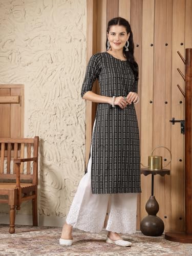 Stylum Women's Woven Design Cotton Blend Straight Kurta (VEDIKA_Black)