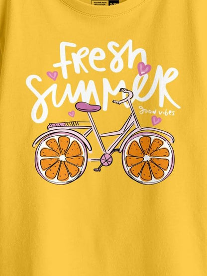 Bon Organik Girls Printed Pure Cotton Applique T-Shirt Yellow